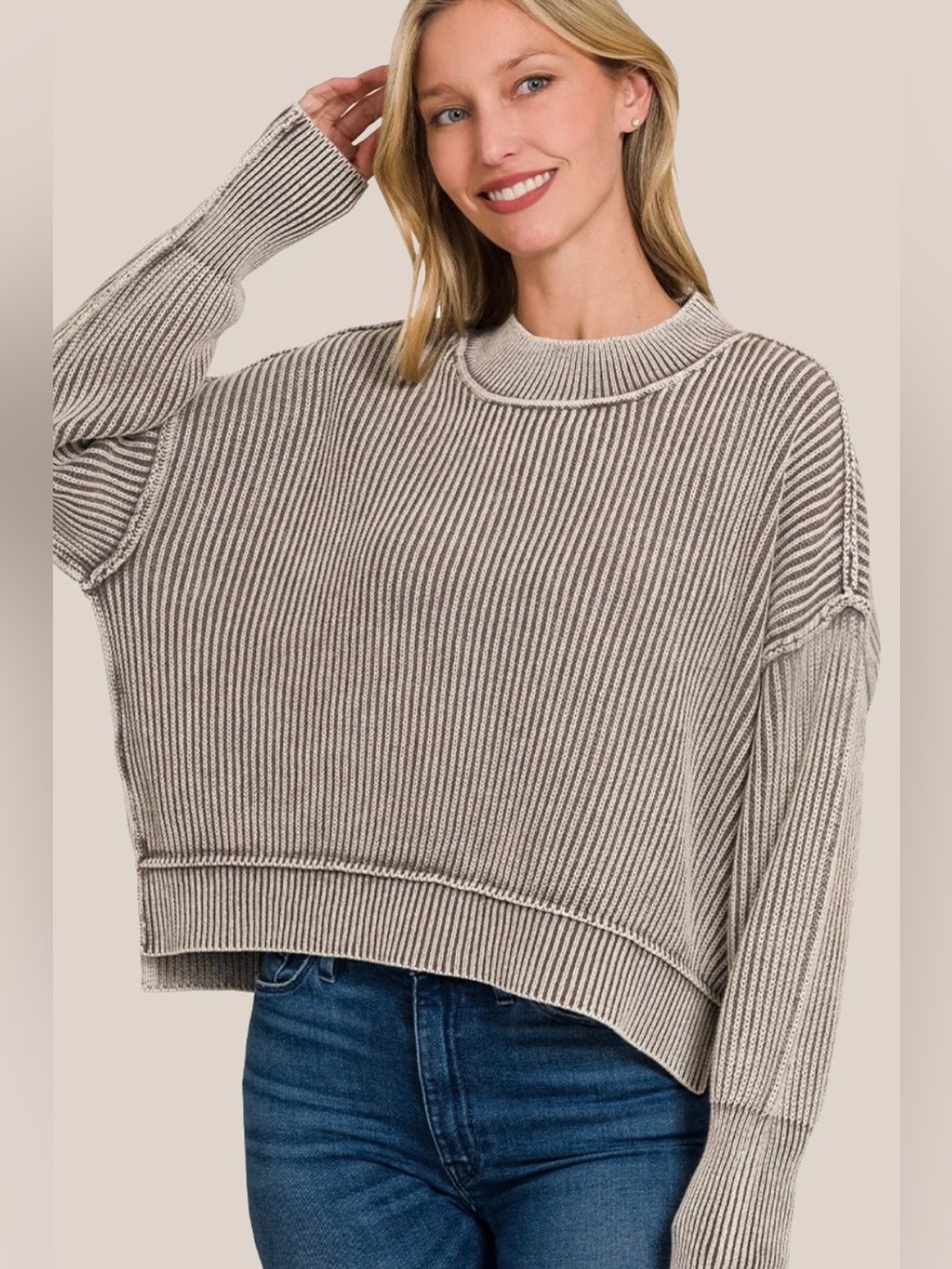 Zenana Oversized Knit Sweater Washed Brown, size L/XL, like new!